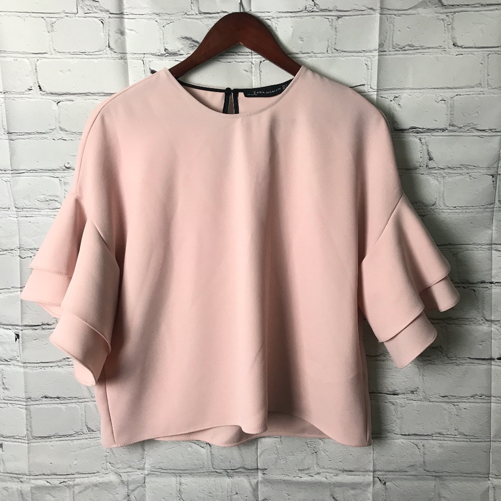 Zara Woman Blush Pink Short Ruffle Sleeve Top